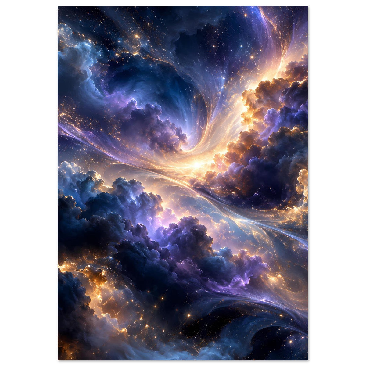 Vertikales Galaxieposter mit leuchtendem Zentrum, farbigen Wolkennebeln und Sternen