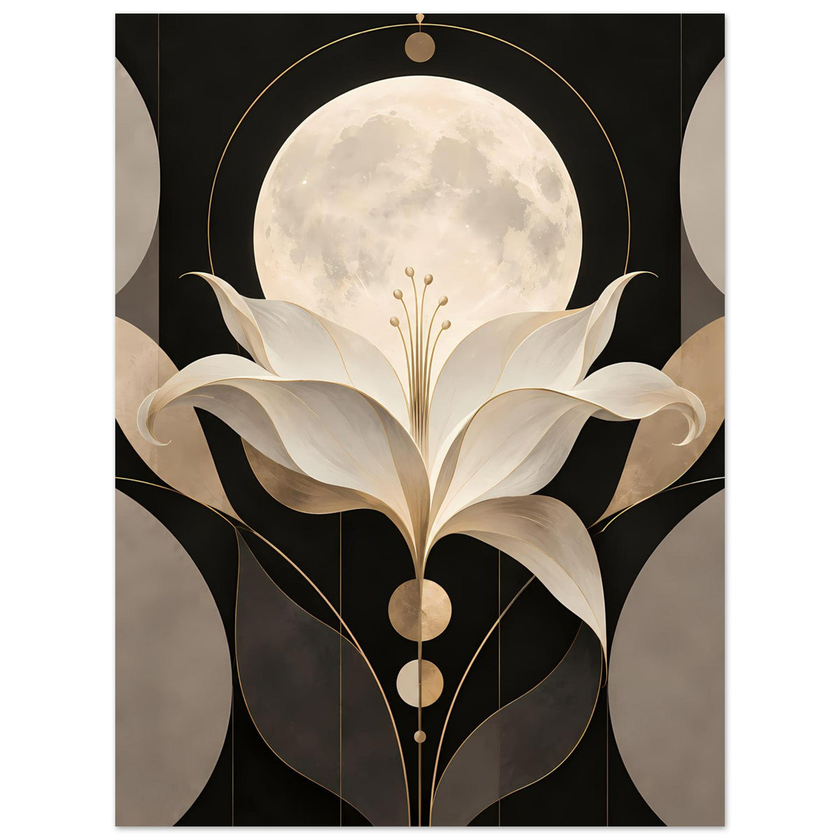 Art-déco-Poster mit Mondschein-Lilie, Mond und goldenen Akzenten