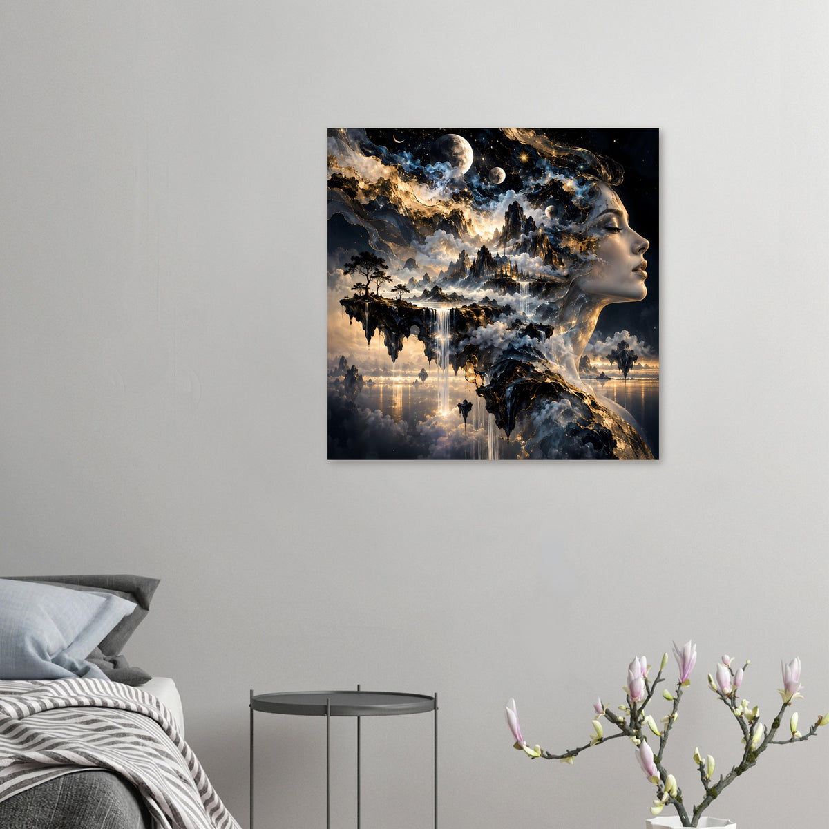 Surrealistisches Poster im Querformat: kosmisches Profilgesicht, Sterne, goldene Wolken