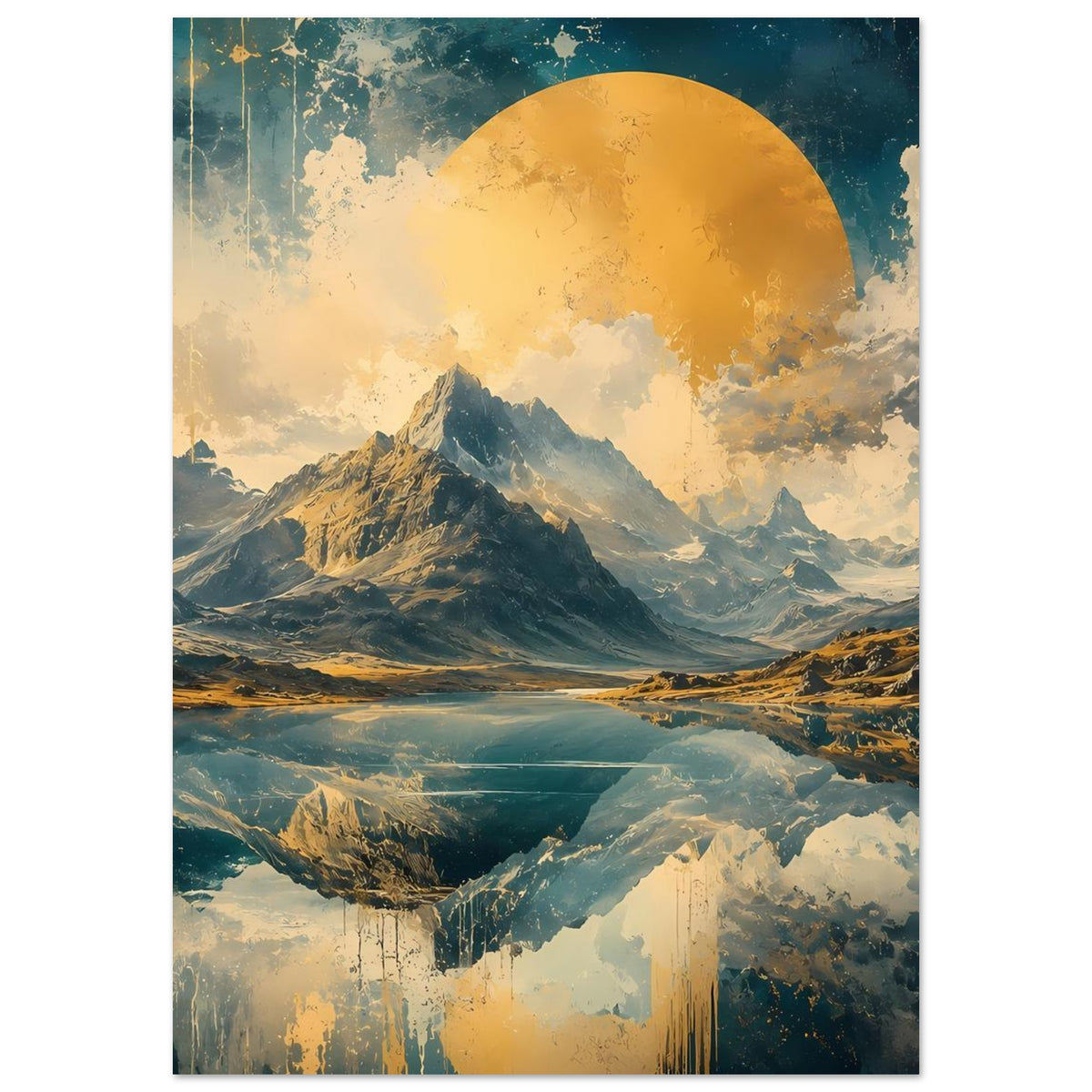 Wandposter mit Gebirgsmassiv, goldener Halbsonne, Wolken über dem Tal und Spiegeloptik
