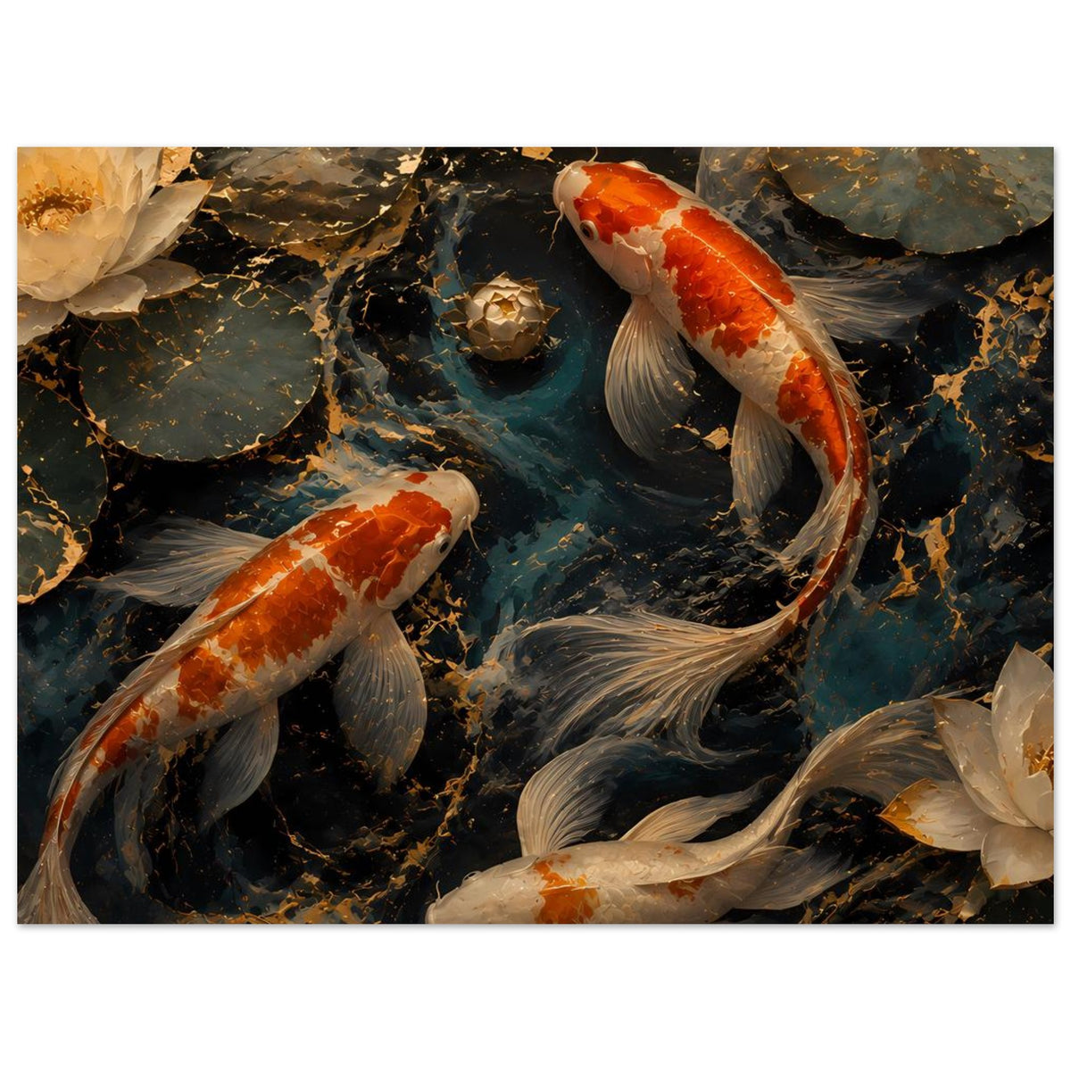 Koi-Teich Kunstposter mit mehreren Karpfen im schwarzen Wasser, goldene Details und Falten.
