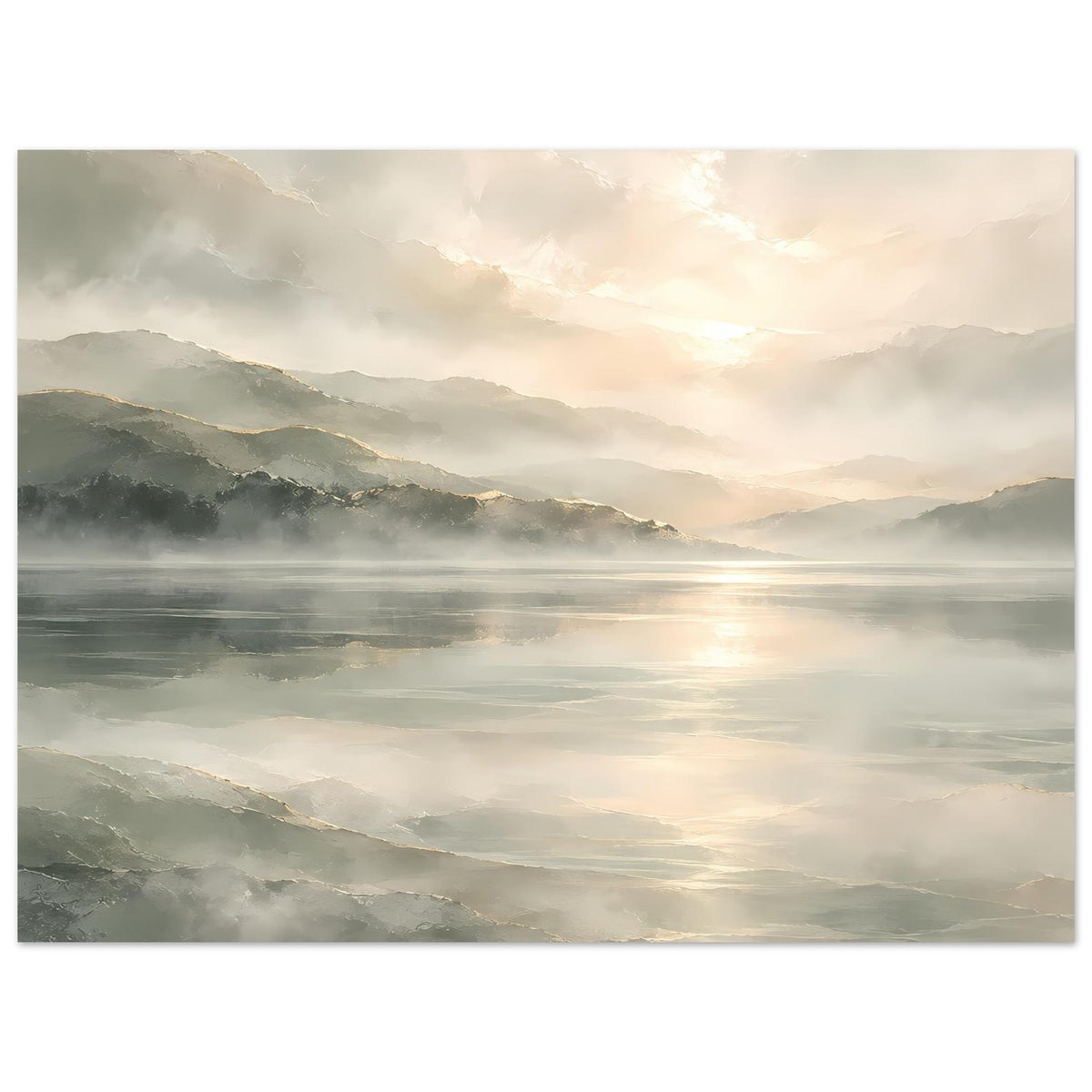 Horizontales Poster mit Seehorizont, dunstige Berge, warmes Licht, matte Druckoberfläche