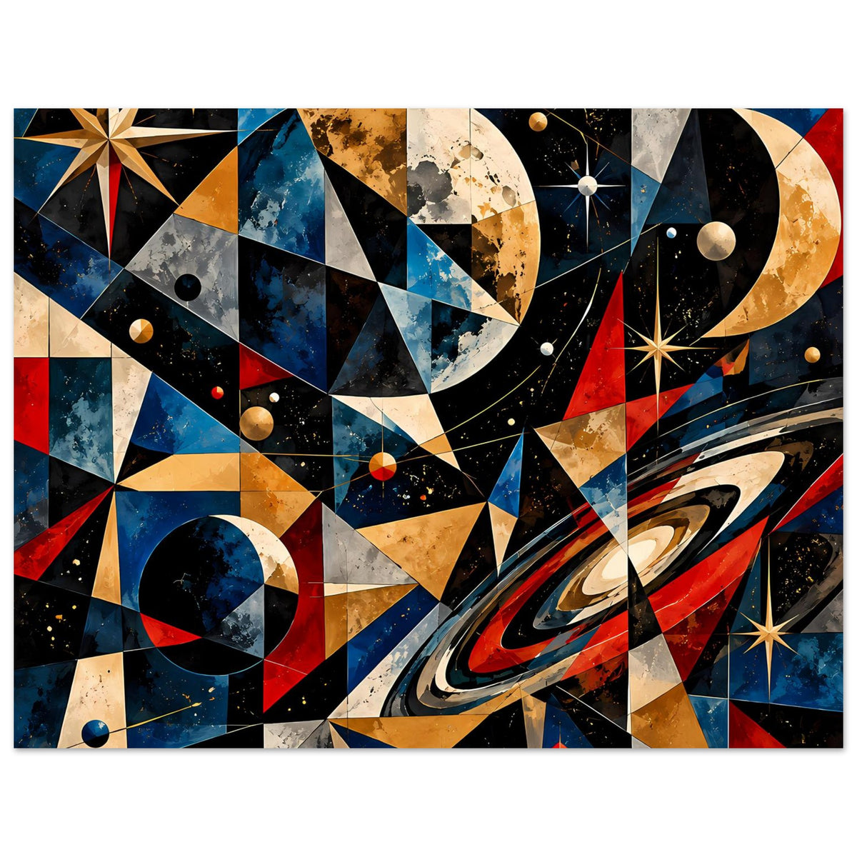 Wandposter im Querformat: abstrakte Kosmosgeometrie mit Planeten, Sternen und goldenen Formen in Rot/Blau.
