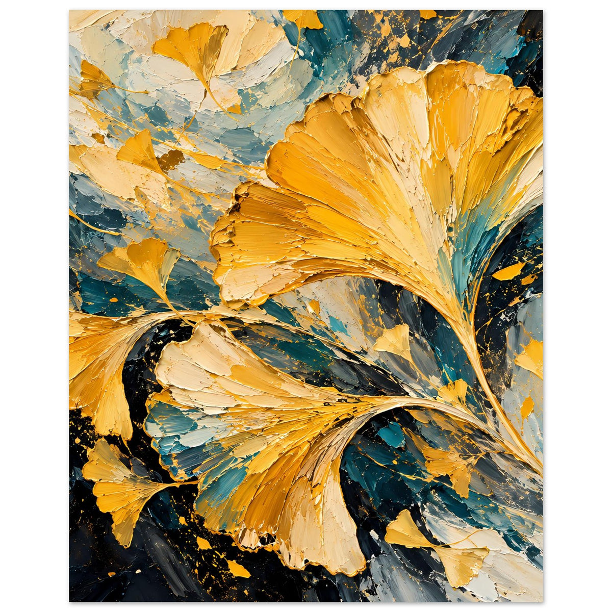 Abstraktes Gingko-Blatt Poster mit gold-orangen Farbflächen und tealblauen Spritzern, nah