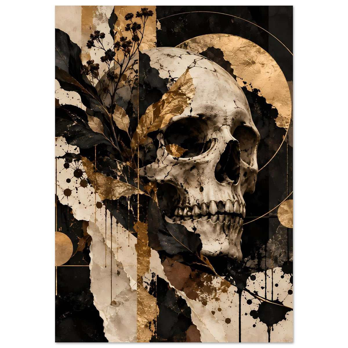Kunstposter Totenschädelmotiv in Schwarz und Gold, mit Kreisen, Flecken und floraler Silhouette