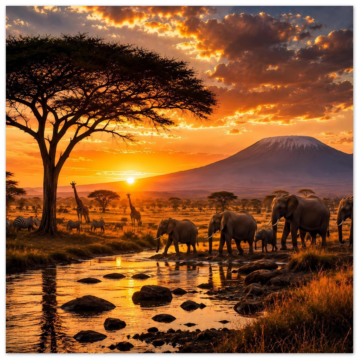 Safari-Sonnenuntergangsposter: Elefanten am Wasserloch, Akazienbaum links, Berg im Abendrot