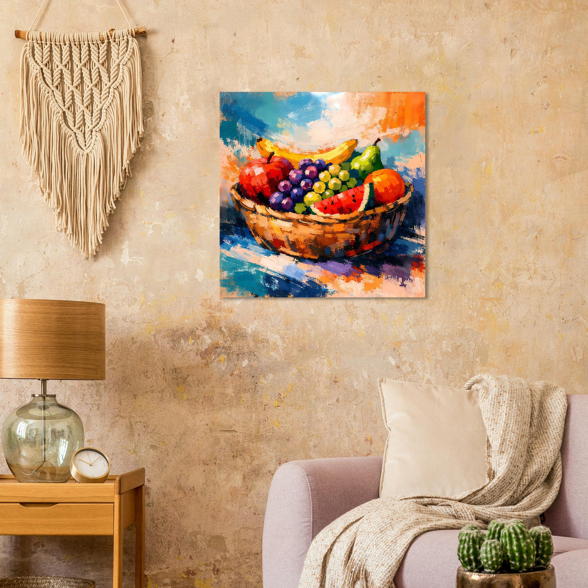 Gerahmter Poster-Druck mit bunter Obstschale und Wassermelonenstück, Trauben und Banane