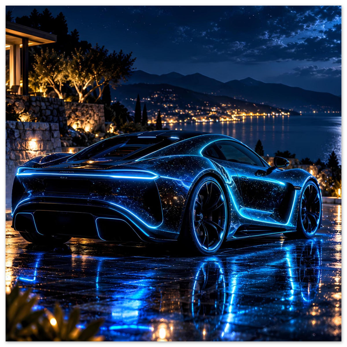 Poster mit blauem Neon-Sportwagen und reflektierendem Straßenbelag bei Nacht