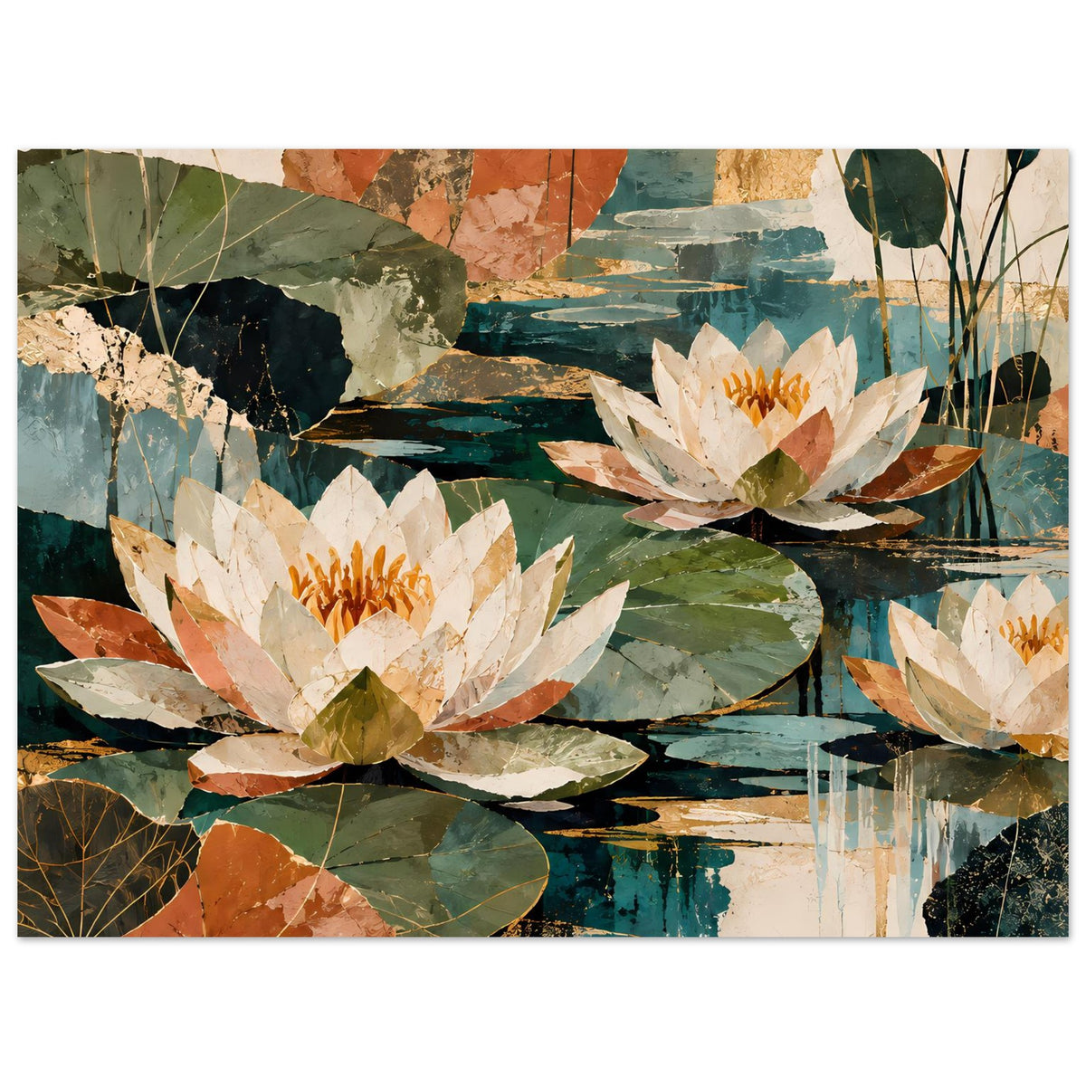 Horizontales botanisches Poster mit weißen Seerosenblüten, goldenen Staubgefäßen und farbigen Wasserspuren