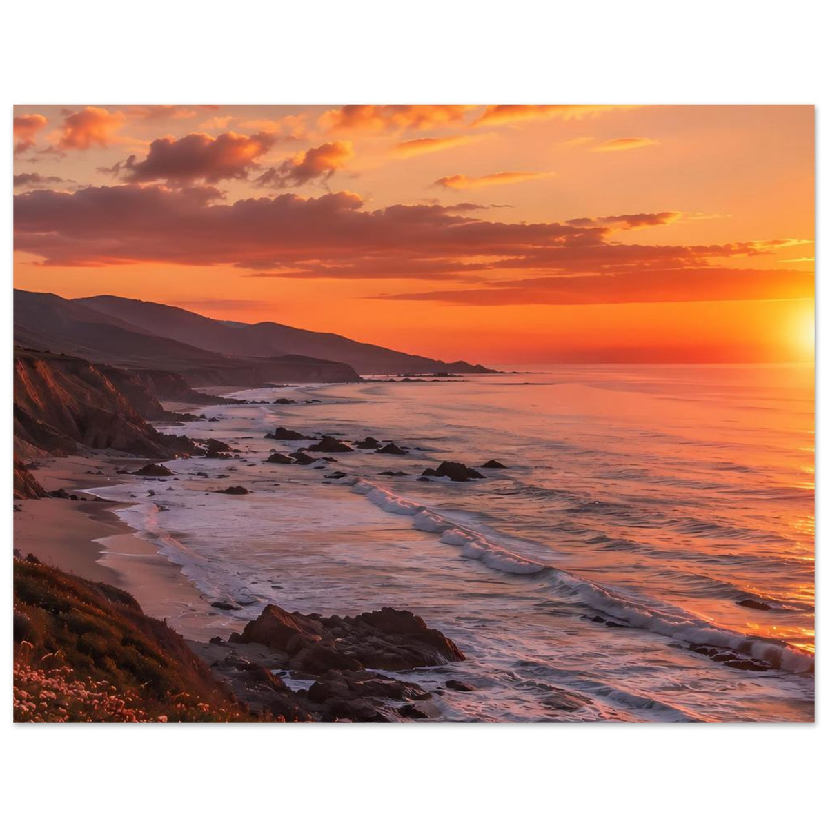 Horizontales Poster mit Küstenlinie bei Sonnenuntergang, orangefarbene Wellen und Himmel.