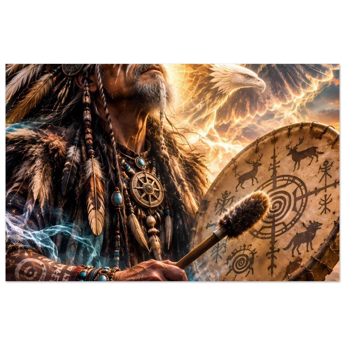 Fantasy-Poster: Nahansicht Schamane und Trommel, goldener Adler im warmen Licht