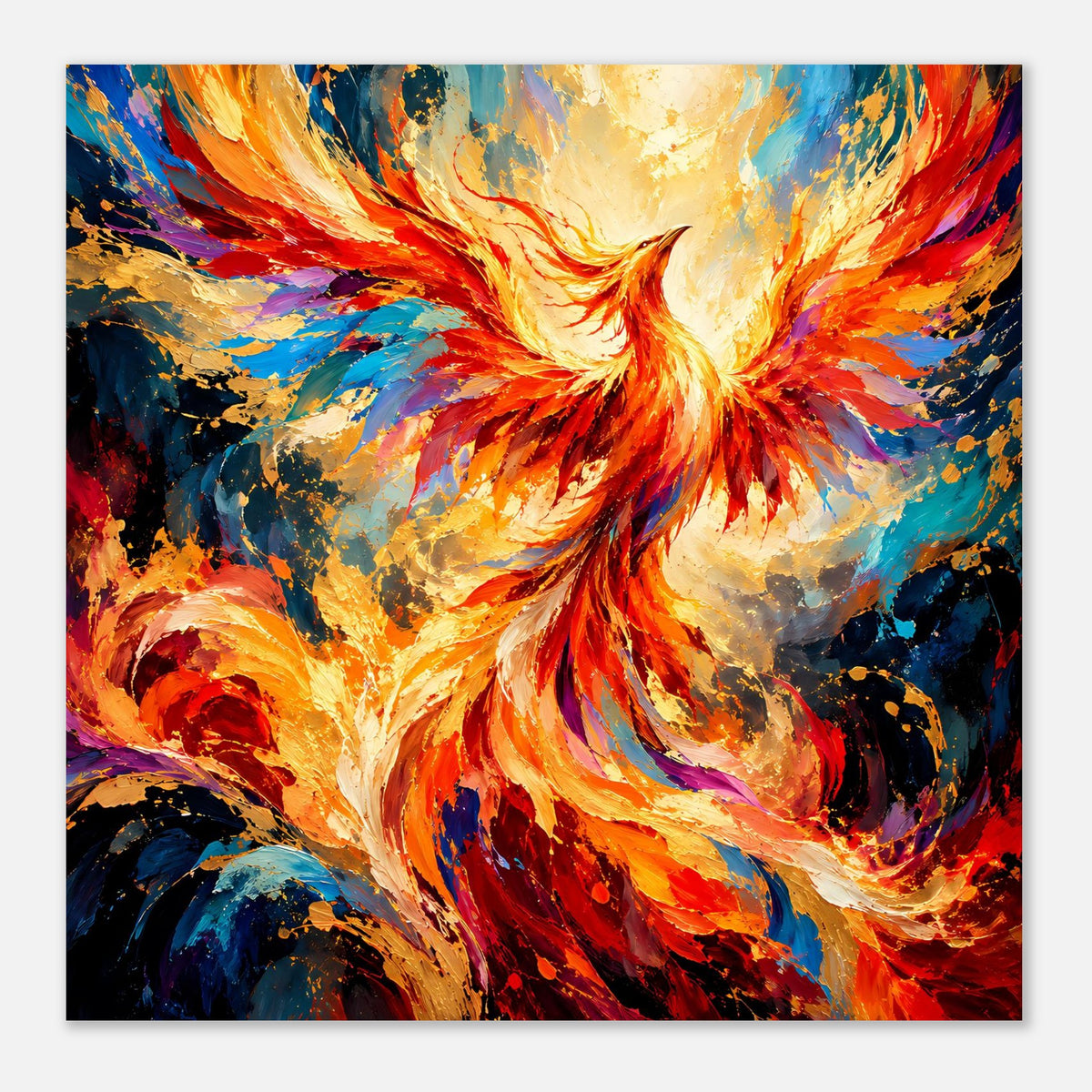 Leuchtendes Phönix-Porträt als Premium-Poster, horizontales Format mit kräftigen Kontrasten