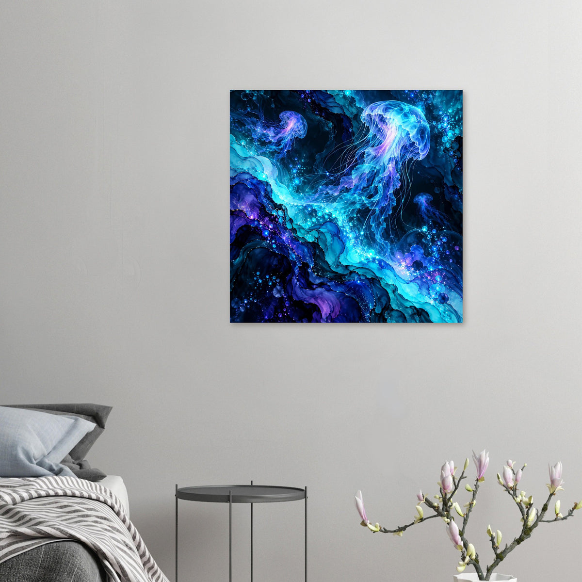 Kleines quadratisches Poster mit leuchtendem Quallenmotiv in Blau und Violett