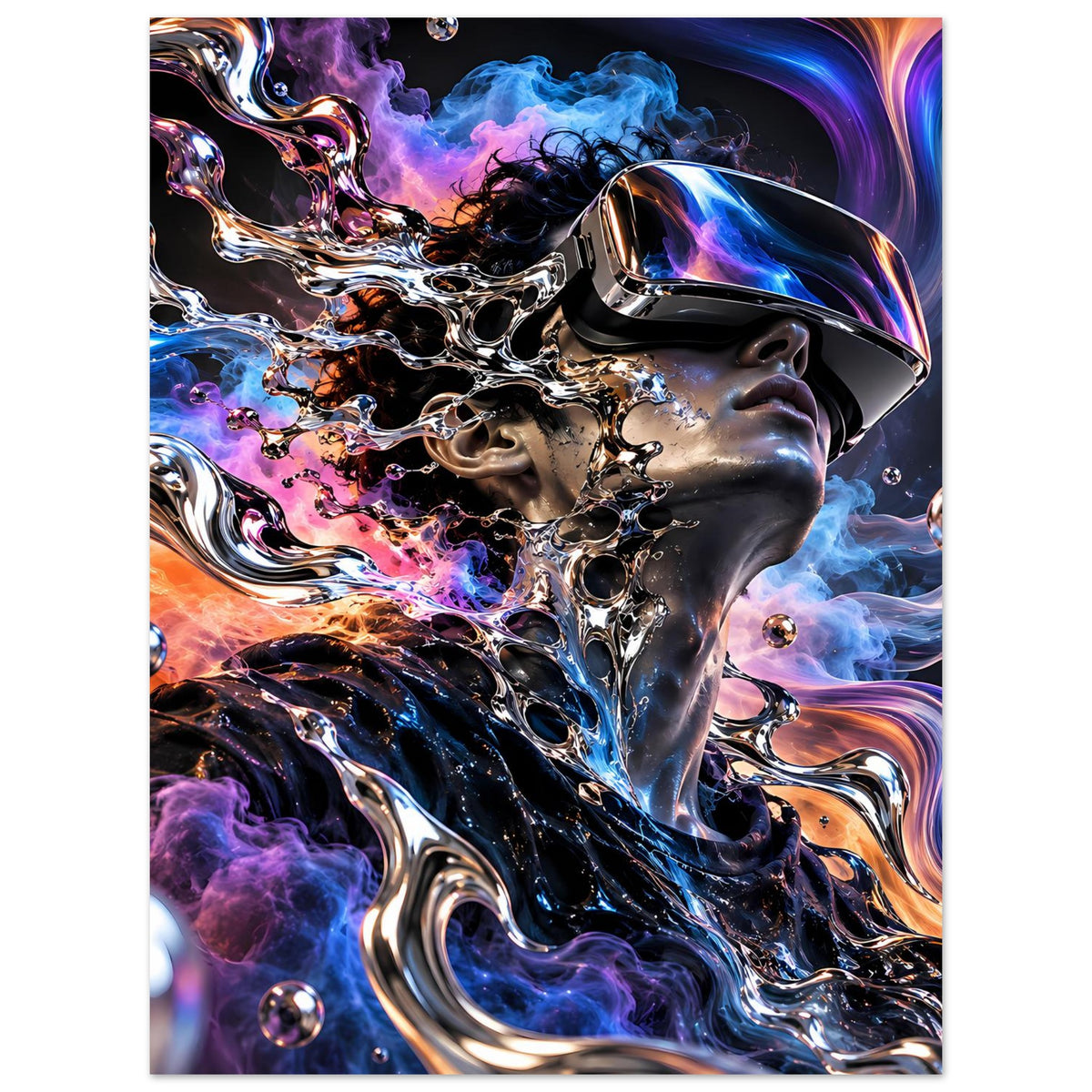Futuristisches Poster mit Chrom-Gesicht und Helm, dynamische Rauchwolken in Blau, Violett und Orange