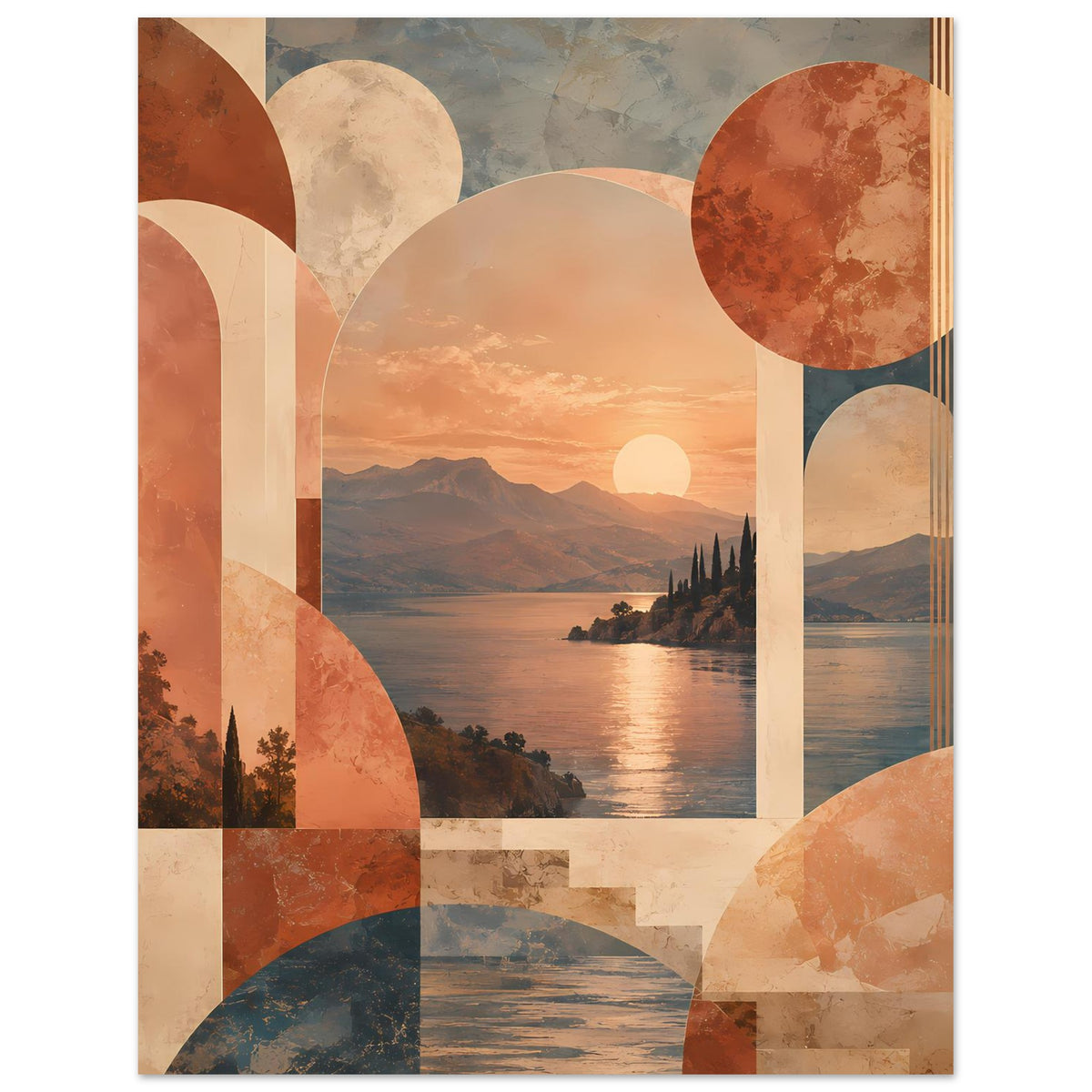 Abstraktes Poster im Hochformat mit warmen Erdtönen, Sonne, Bergen und Kreisornamenten