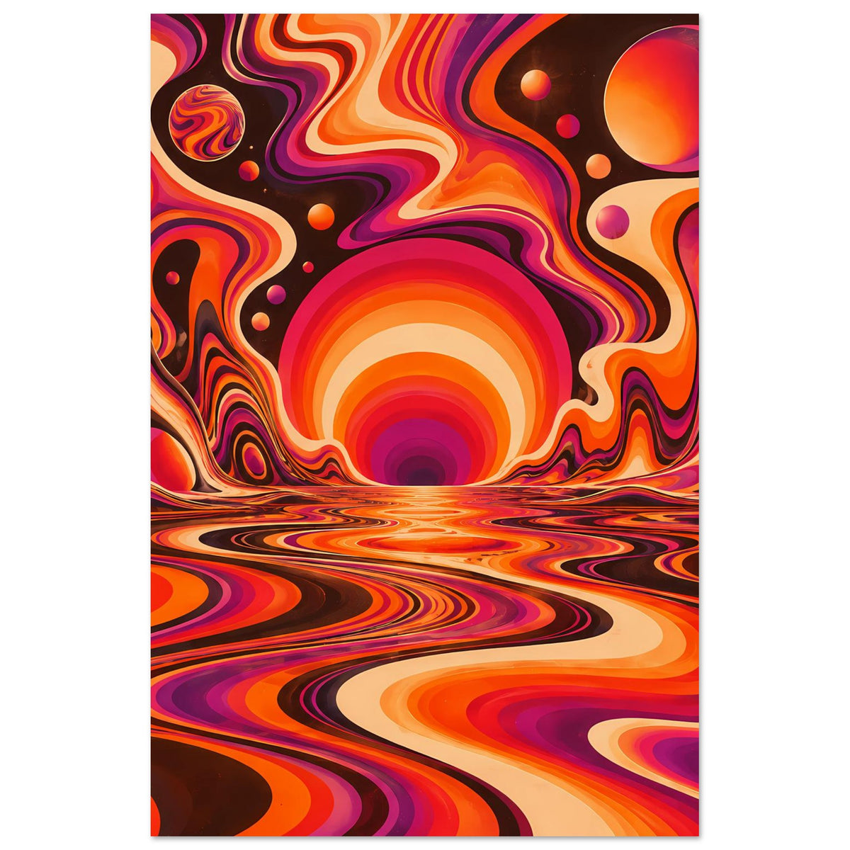 Hochformatiger Kunstdruck mit orange-violetten Wirbelmustern, rundem Sonnenkreis und Wellenboden