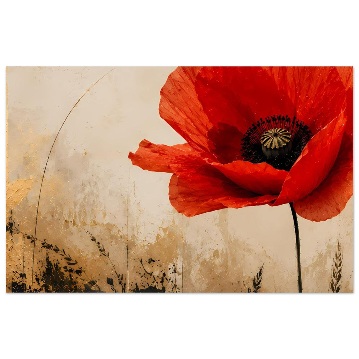 Breites Poster mit roter Mohnblume, schwarzem Blütenkern und teilweise sichtbarem Stiel