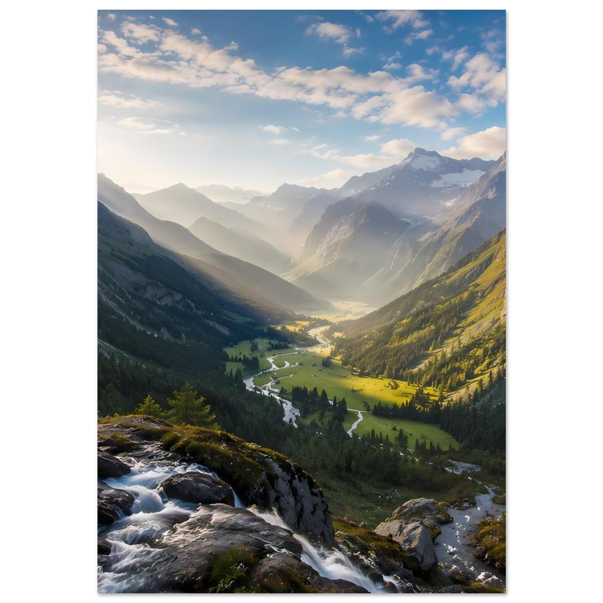 Landschafts-Poster mit Bergtal und Fluss, gelbgrüne Wiesen im Licht, Hochformat
