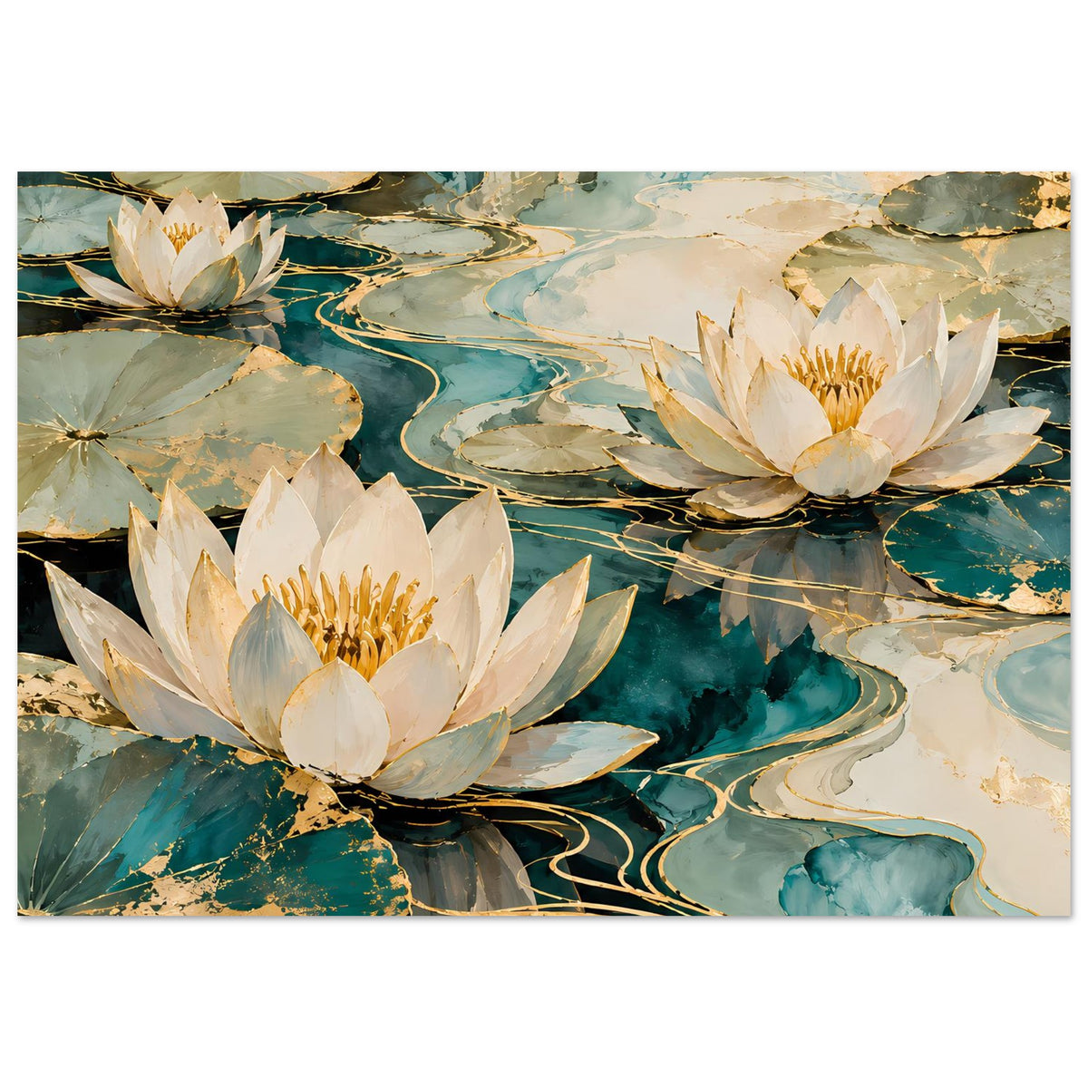 Lotusblüten-Poster querformatig: weiße Seerosen, türkisblaues Wasser, goldene Konturlinien