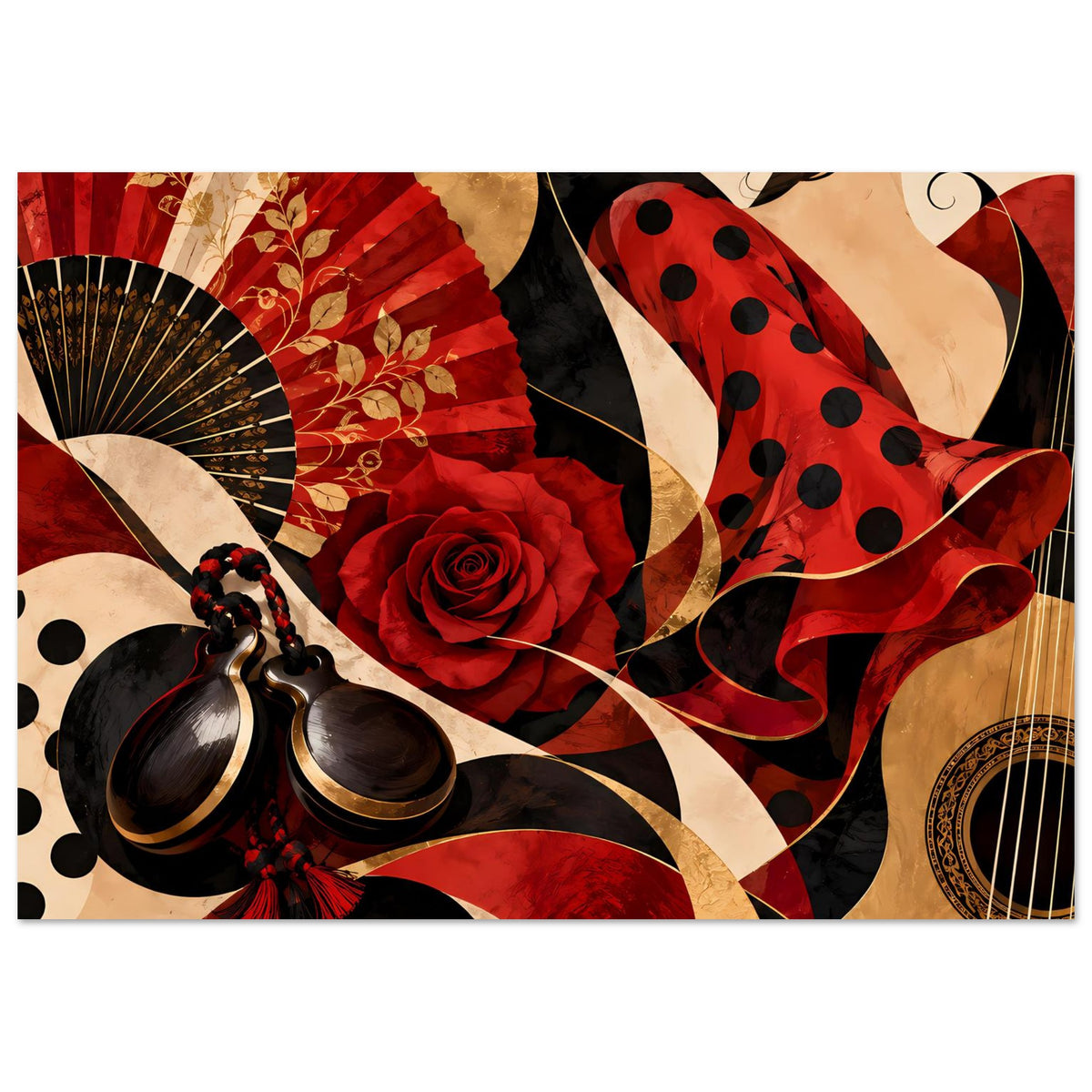 Flamenco-Poster mit Fächer, roter Rose und Polka-Dot-Schleppe, querformat
