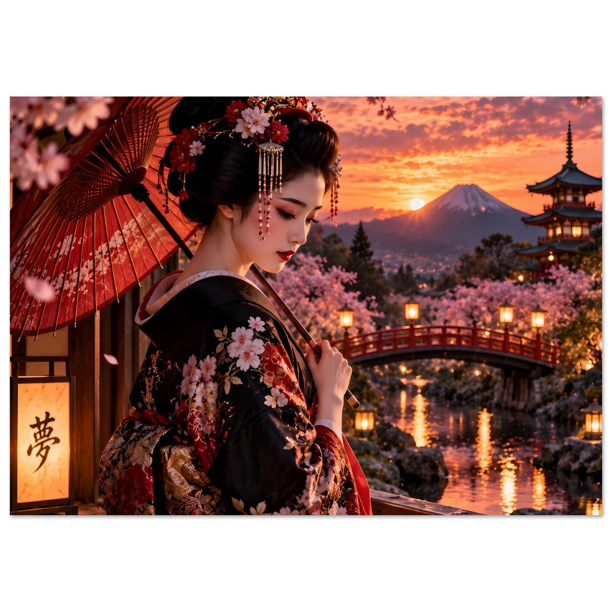 Poster: Frau im Kimono mit Kirschblüten, roter Fächer-Schirm, Schriftrolle links