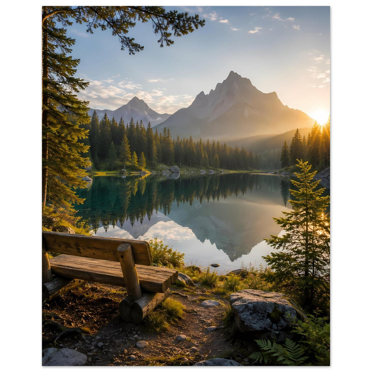 Wandposter im Hochformat: Sonnenaufgang über Bergsee mit Tannen, Holzbank und Steinen.
