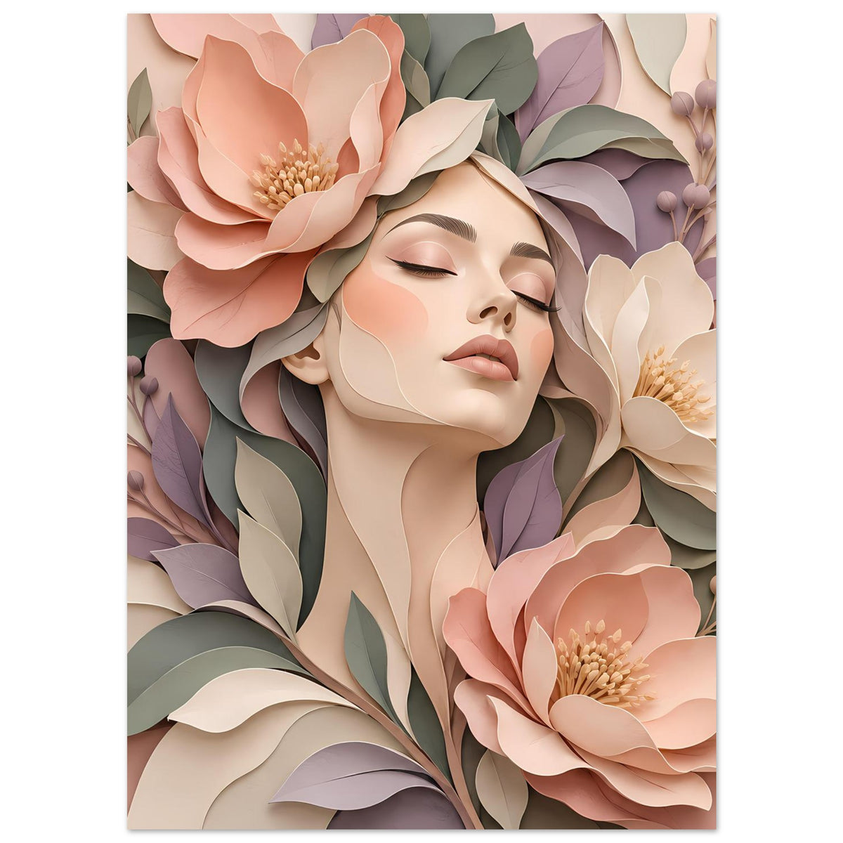 Poster mit floraler Frauenbüste, geschlossene Augen, Pastellblüten und violette Akzente