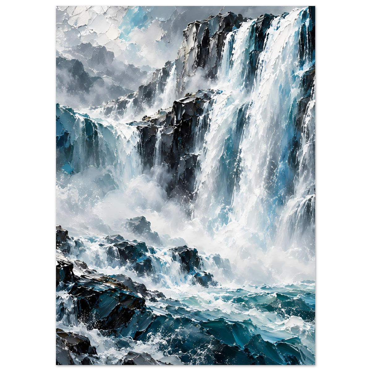 Wasserfall-Poster, Hochformat: Wasserfallfront mit Felsklippen, türkisfarbene Wellen im Vordergrund