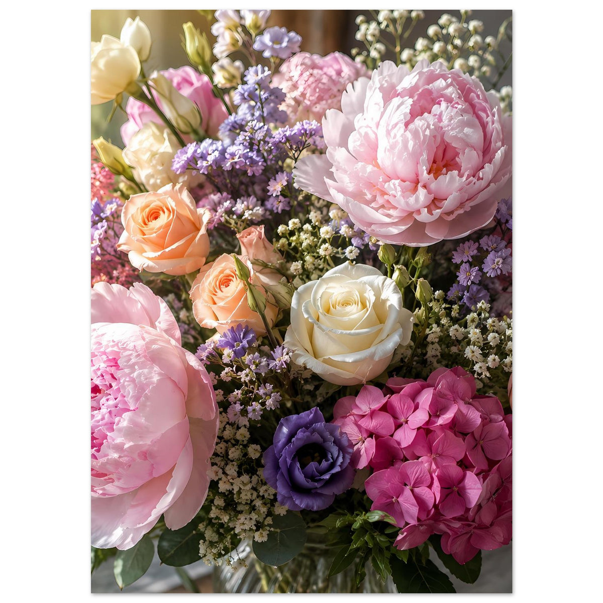 Poster mit Pastellblumenstrauß aus Pfingstrosen und Hortensien, große rosa und cremefarbene Blüten