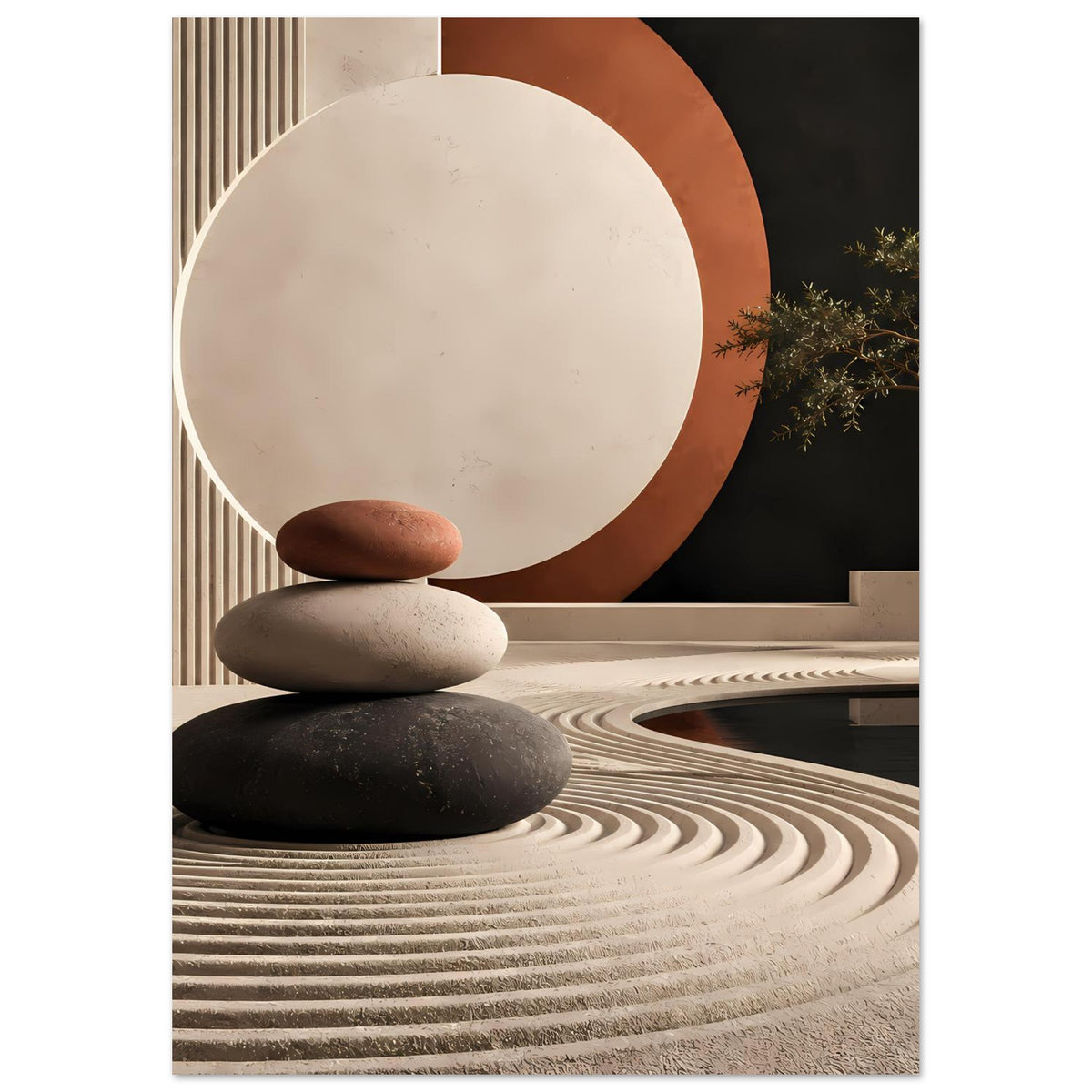 Kunstposter mit Zen-Arrangement: drei Steine auf Texturfläche, großer Kreis in Creme.