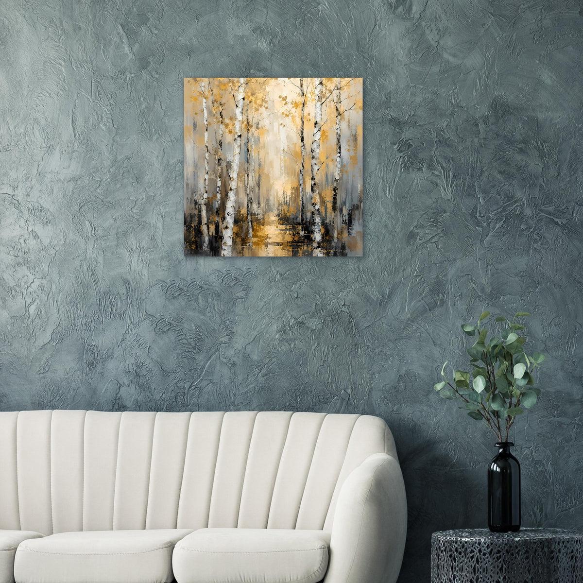 Wandposter Birkenwald in Gold- und Grautönen, mit hellen Stämmen im Mittelpunkt