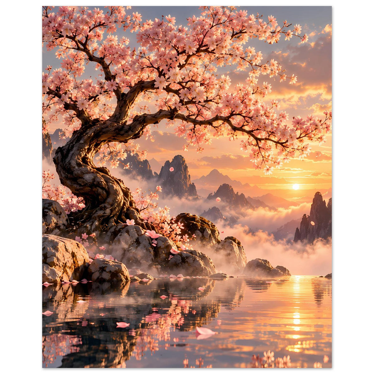 Vertikales Poster: Kirschblütenzweige über Landschaft mit Felsen, Nebelbergen und Sonnenuntergang