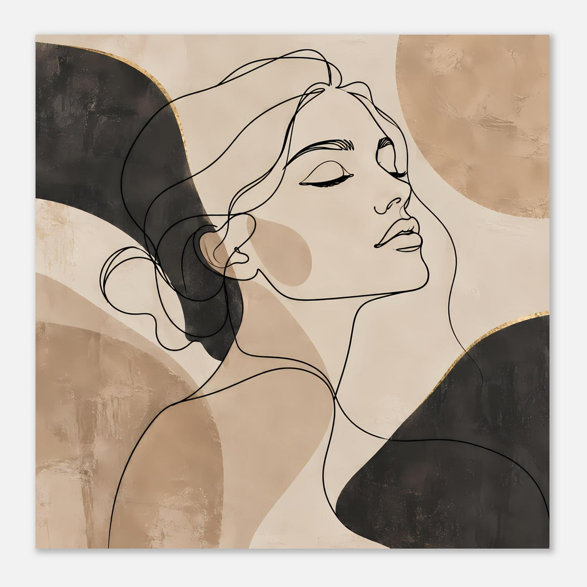 Kunstposter im Querformat mit minimalistischer Line-Art einer Frau in Beige und Schwarz