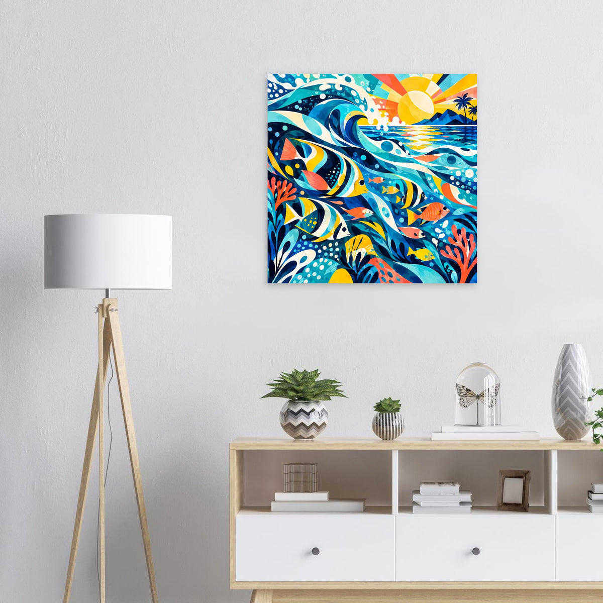 Quadratisches Poster mit bunten Fischen und tropischen Meereswellen, im Rahmen