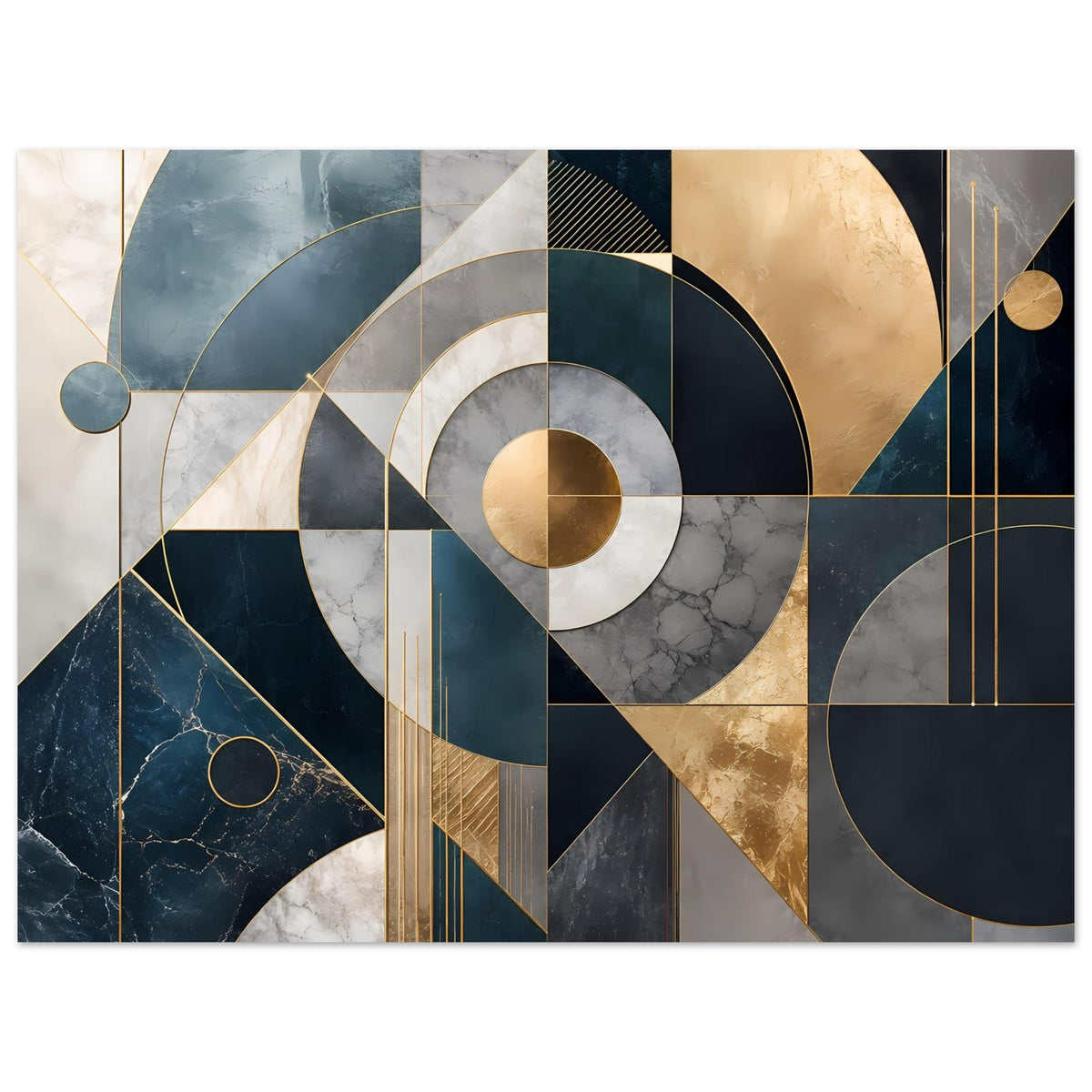 Geometrisches Kunstposter im Querformat mit Segmenten, Kreisen und goldenen Linien in Blau