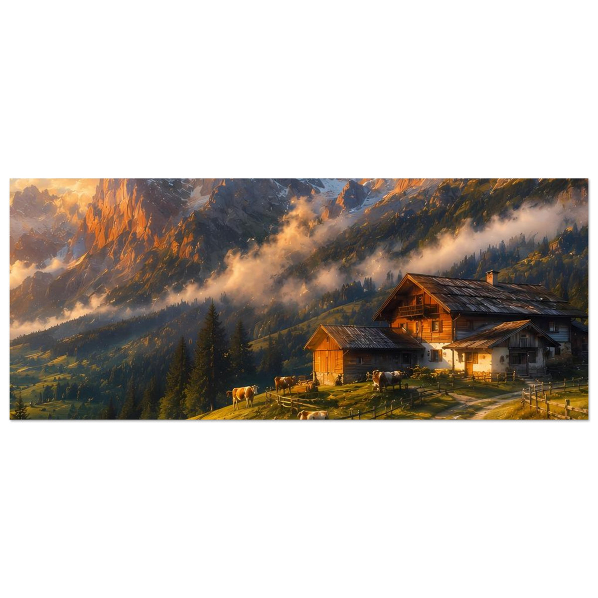 Breites Poster mit Almhütte und Kühen, Waldhang und Bergmassiv im Abendlicht