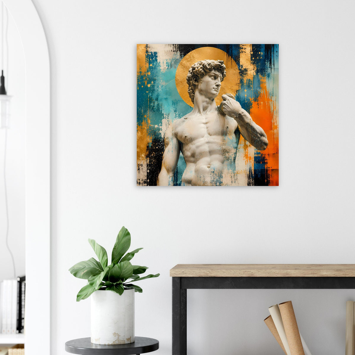Kleines Poster mit Michelangelos-David-Statue vor goldenem Kreis
