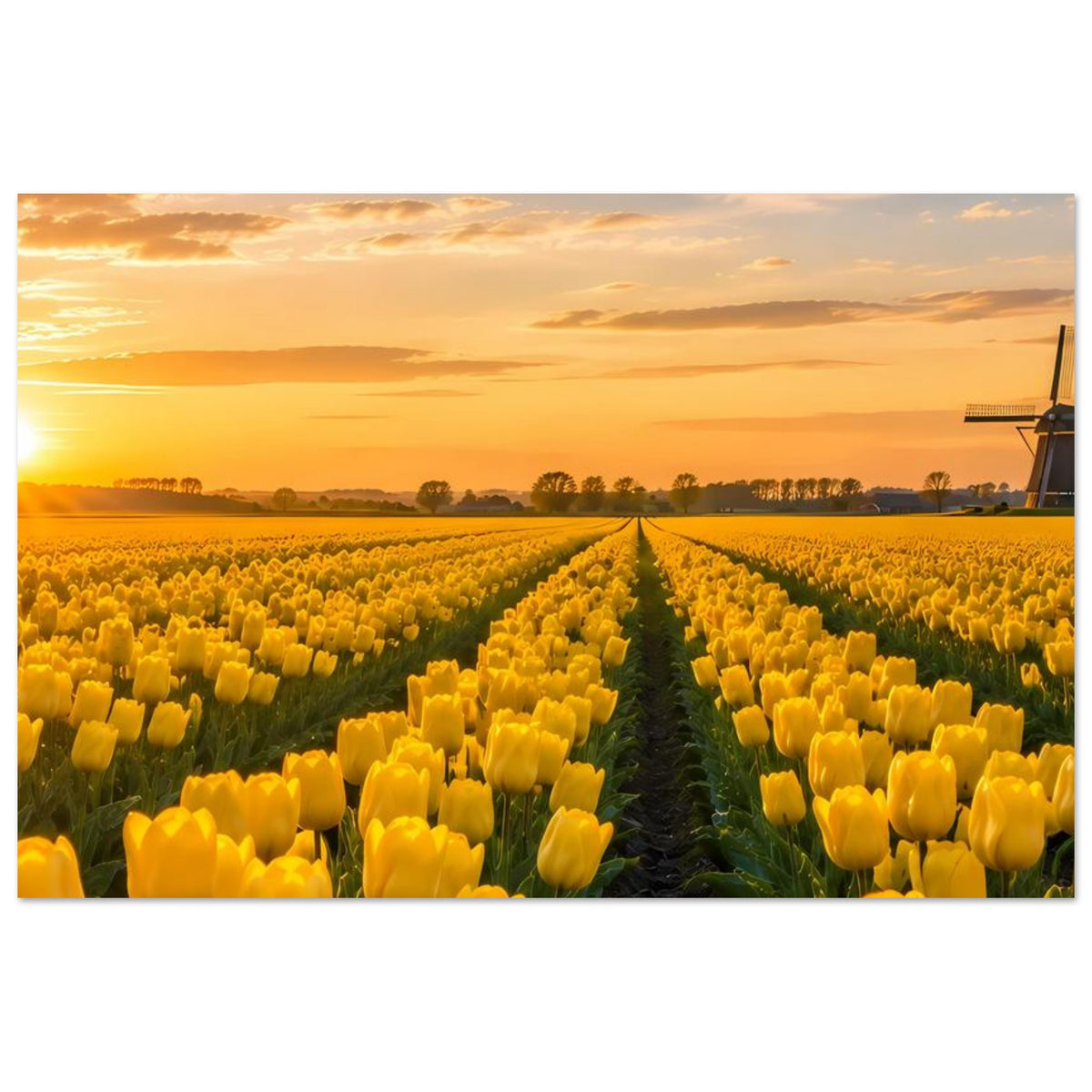 Poster: gelbe Tulpenreihen im Feld, sonniger Himmel im Abendlicht, Windmühle rechts