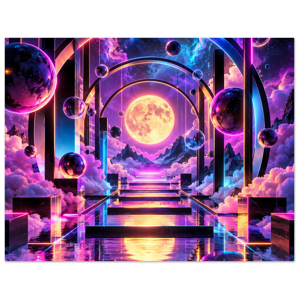 Horizontales Poster mit Neon-Galaxie: goldener Planet, Tunnelbögen, Treppe, Wolken und Planeten