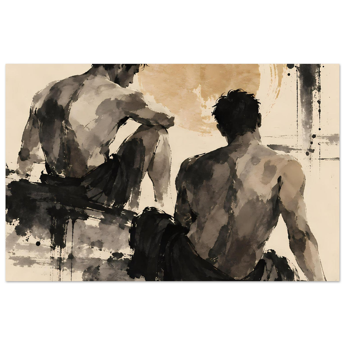 Kunstposter mit zwei Figuren im Rückenblick, Tusche-Struktur in warmen Sepiatönen