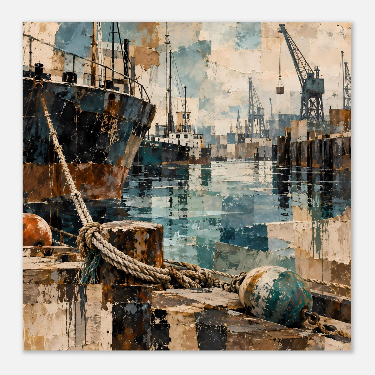Maritimes Poster im Rahmen: Schiffbug links, Seil und Hafenbecken mit Kränen.