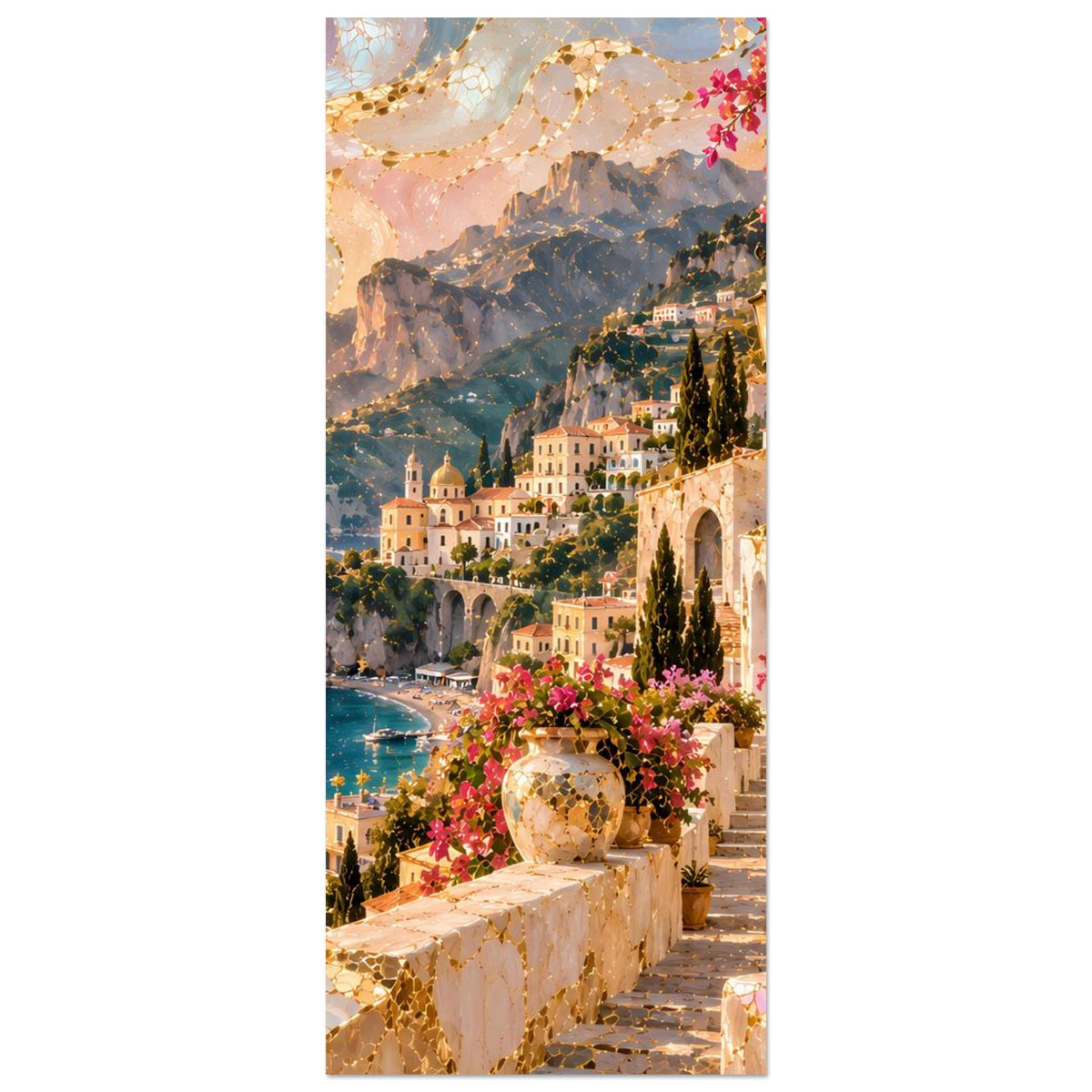 Küstenlandschaft-Poster im Hochformat: Balkon mit Blumen, Laterne und Küstenstadt vor Bergen.