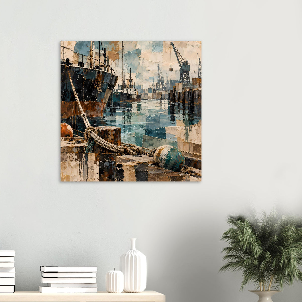 Maritimes Poster im Rahmen: Schiffskante, Seil und Hafenkräne mit Schiffen im Becken.