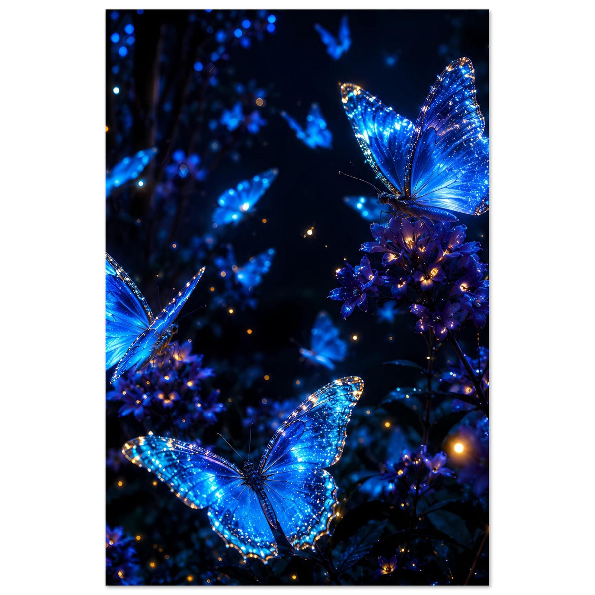 Leuchtendes Schmetterlingsposter, hochkant: blaue Schmetterlinge mit goldenen Akzenten