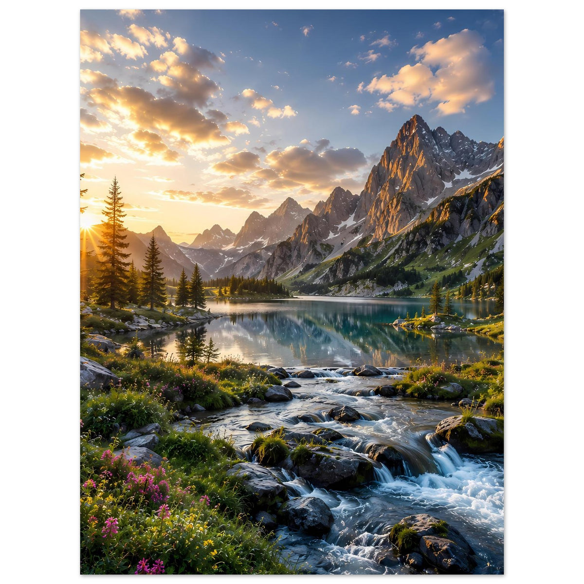 Poster im Hochformat: Sonnenaufgang zwischen Bergen, Tannen am Seeufer und Bach