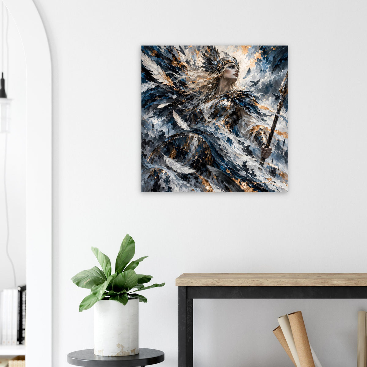 Quadratisches Poster mit Valkyrie in Blau und Schwarz, goldene Highlights