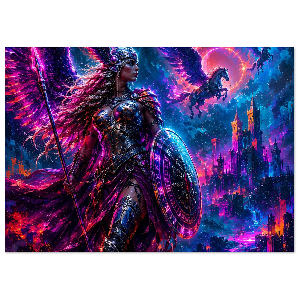 Fantasy-Poster im Querformat: Valkyrie in Rüstung mit Speer und Schild, bunte Stadtlandschaft