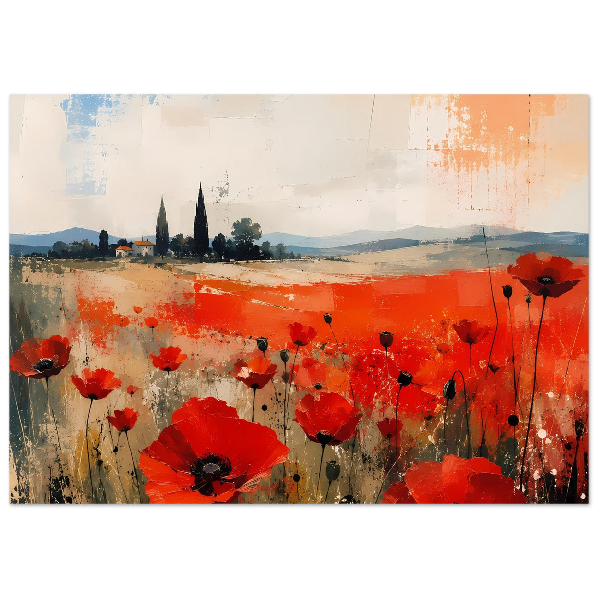Poster im Querformat: rote Mohnblüten auf abstraktem Feld, pastellige Hintergrundlandschaft