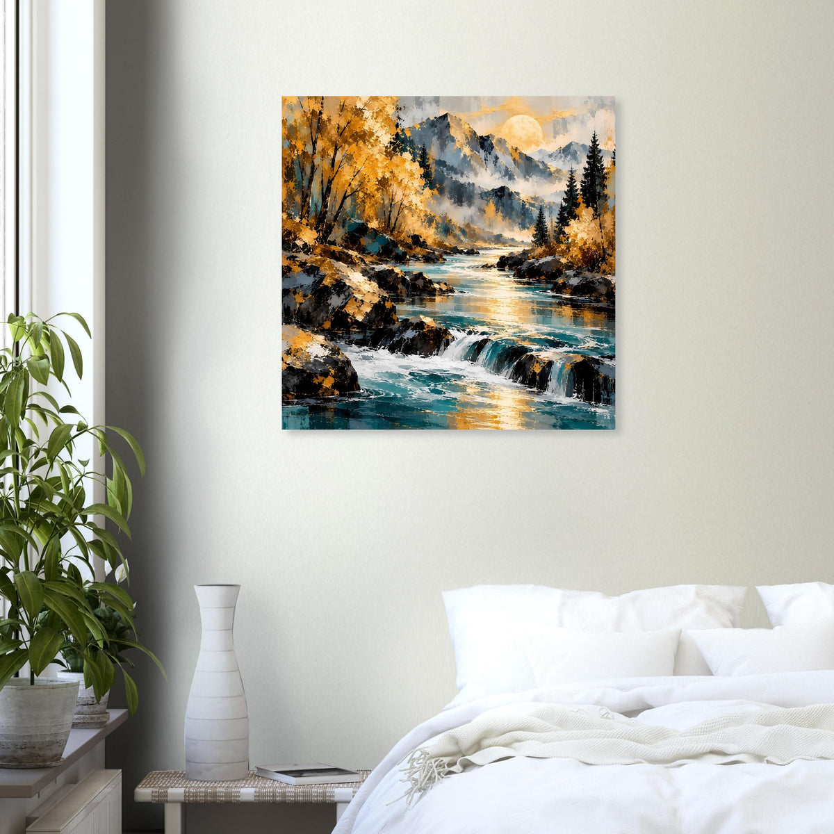 Herbstlandschaft-Poster zeigt Fluss, Wasserfälle, Berge und leuchtend gelbe Blätter