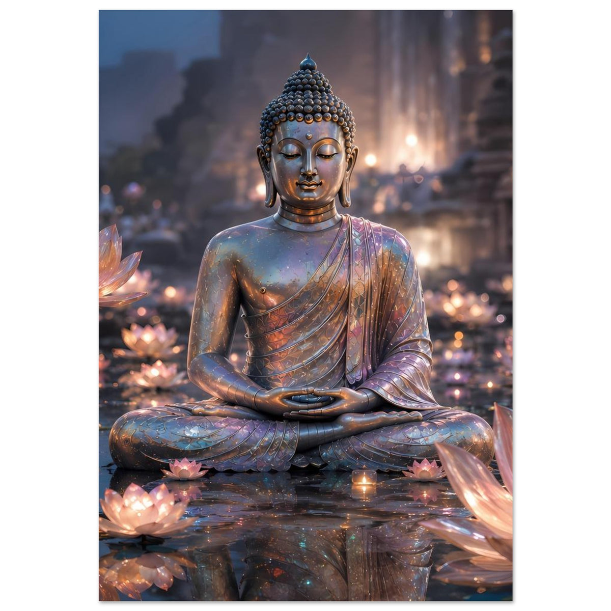 Meditationsposter mit sitzendem Buddha, ruhigem Gesicht und leuchtenden Lotusblüten